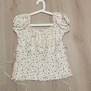 Heart & Hips Cream Blouse with Purple Floral Pattern